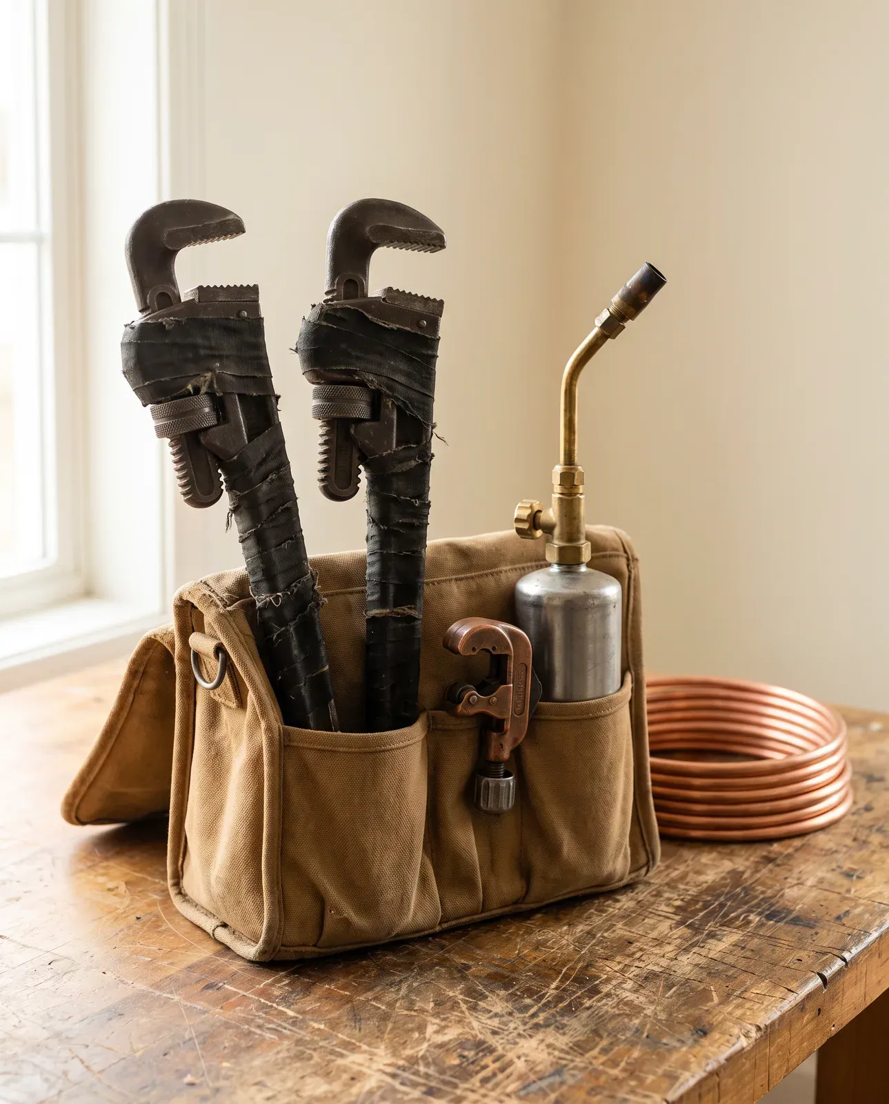 A canvas tool bag holding 2 pipe wrenches, a tubing cutter and a torch on a worn workbench, with a coil of copper tubing beside it.