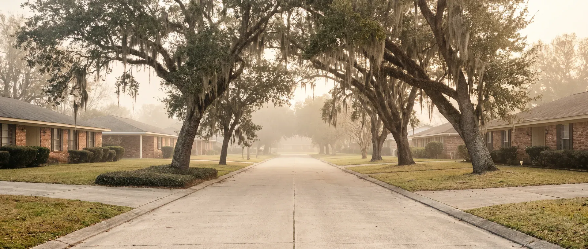 A quiet residential street of brick homes under live oaks hung with Spanish moss, in morning mist.