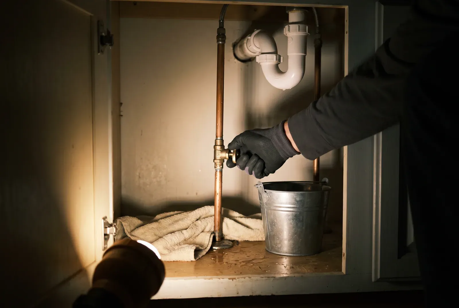 A gloved hand closing a shutoff valve on a copper pipe under a sink, lit by a flashlight. A towel and a metal bucket sit on the wet cabinet floor.