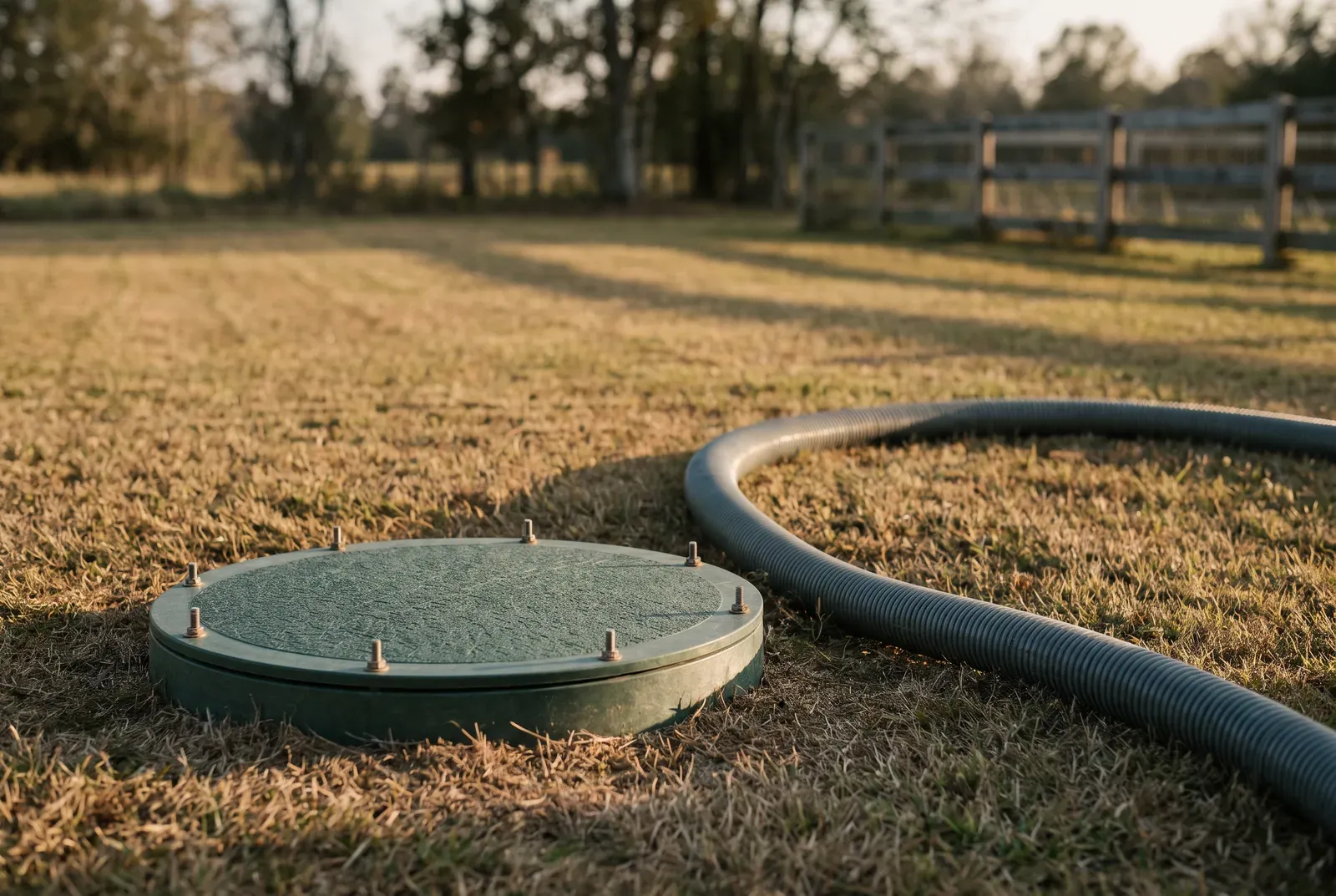 A closed green septic tank lid set in a mown rural lawn, with a pump hose lying across the grass and a wooden fence behind.